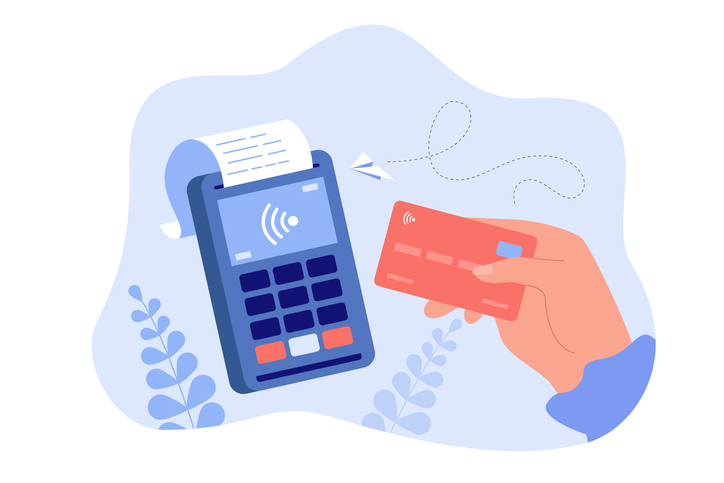Illustration showing the contactless payment symbol on a credit card and a point of sale terminal.