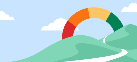 rolling green hills with blue skies and a rainbow representing the tiers of credit scores